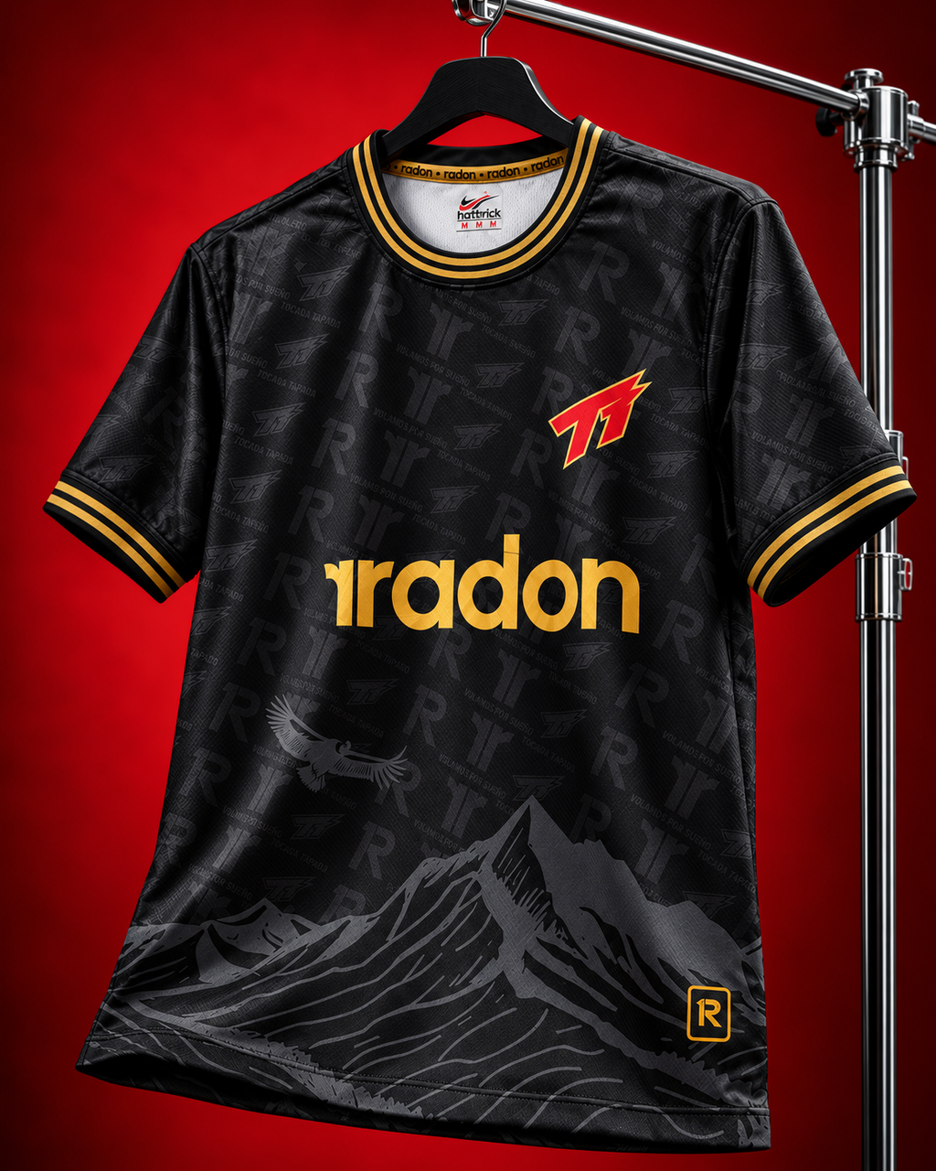 Camiseta retro Tocada Tapada 4° Edición colgada, vista en diagonal con cóndor y montañas