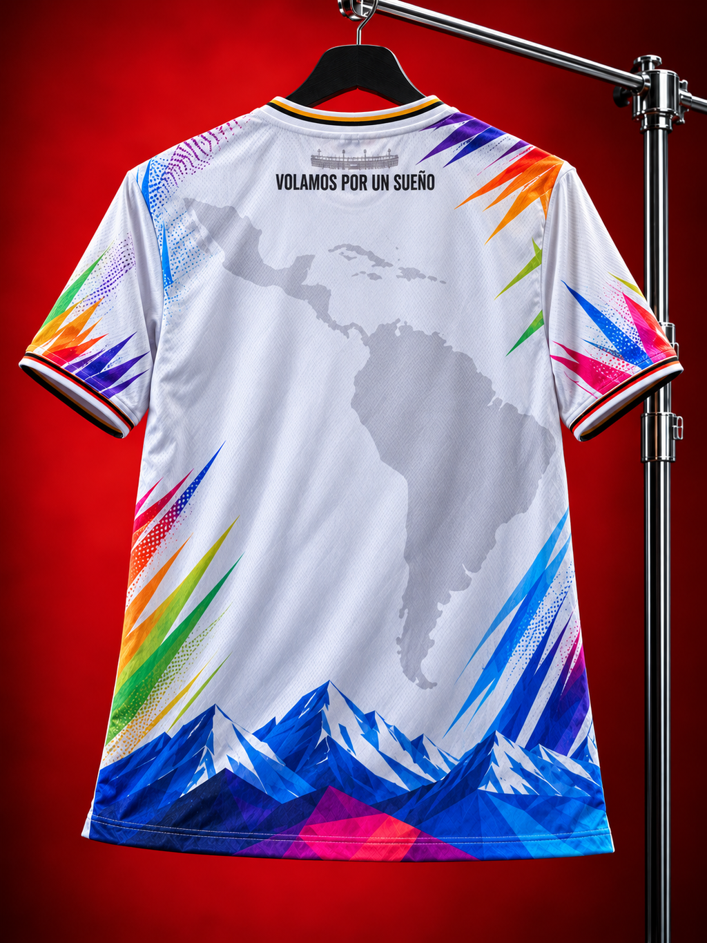 Espalda de la camiseta Tocada Tapada 5° Edición con mapa de Latinoamérica, cordillera y lema "Volamos por un sueño"