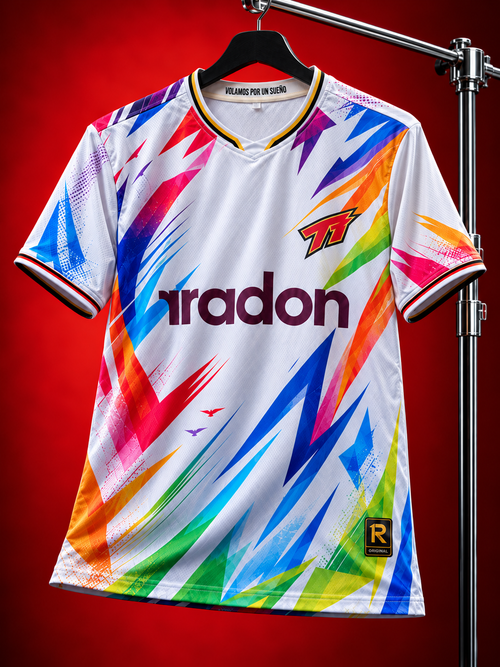 Camiseta retro Tocada Tapada 5° Edición Radon x Raw Goalie, vista frontal blanca con franjas de colores