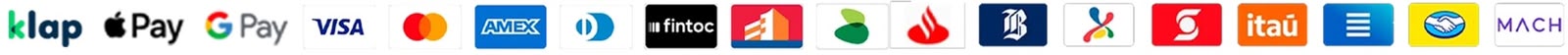 Medios de pago aceptados: Klap, Apple Pay, Google Pay, Visa, Mastercard, American Express, Diners Club, Fintoc, y bancos asociados