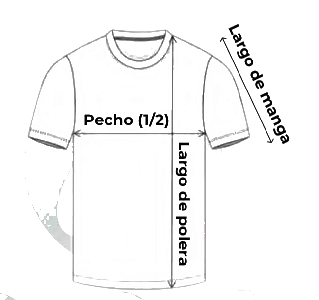 Diagrama de cómo medir la polera: pecho, largo de polera y largo de manga